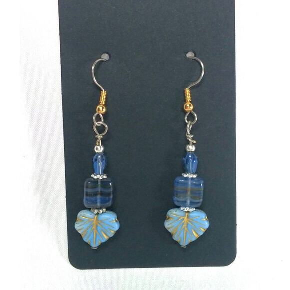 Artisan Blue Fall Glass Earrings Dangle Autumnal Silver Tone Accents Beaded NEW - Picture 4 of 10
